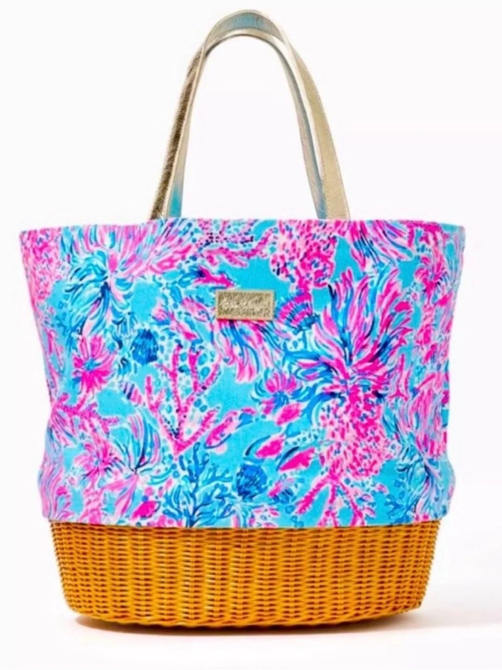 RARE BNWOT Lilly Pulitzer Blue-Pink Coral-Print Tote w Gold Handles& Wicker Tote